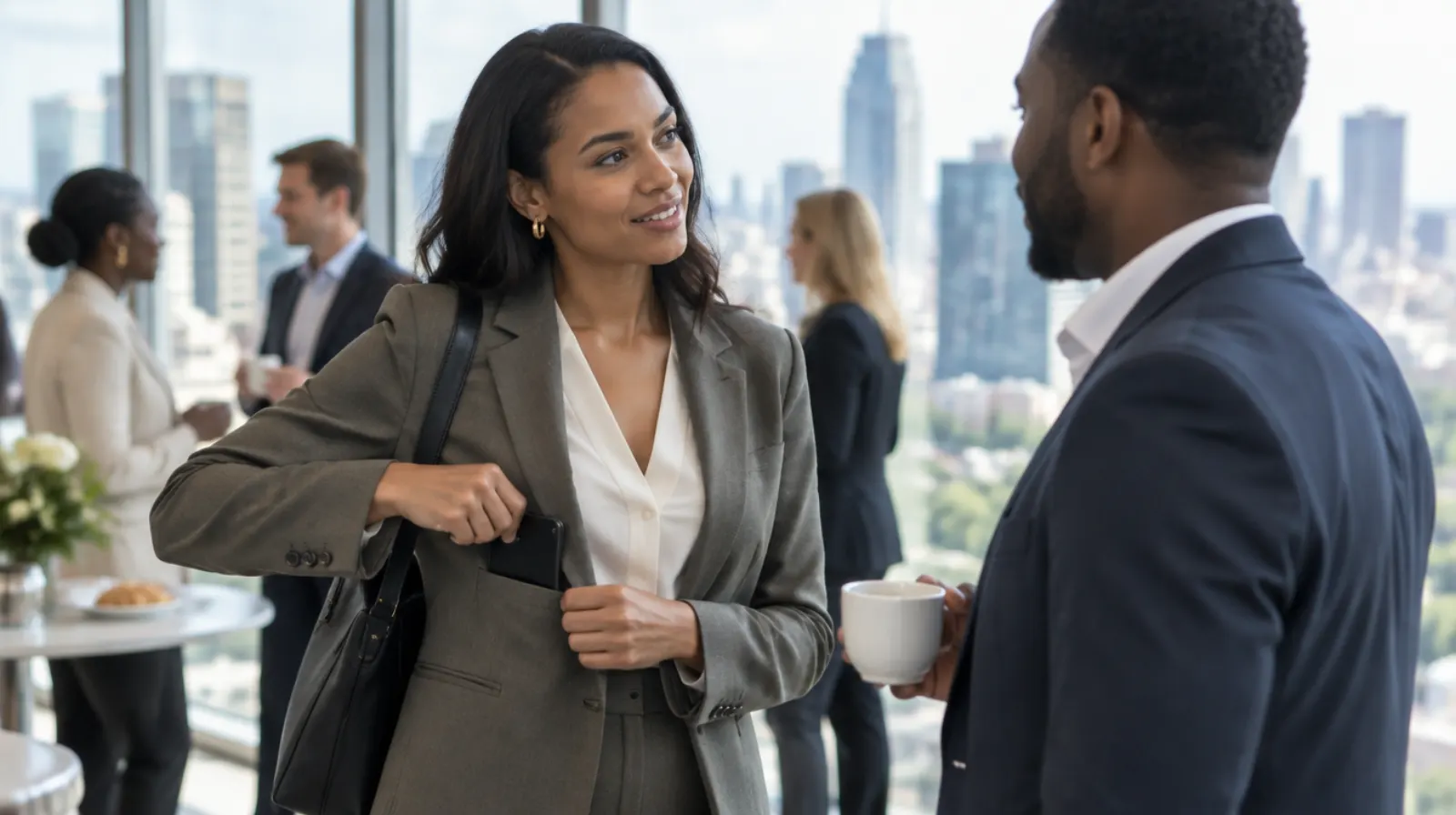 A businesswoman taking her phone out of her pocket at a business networking breakfast