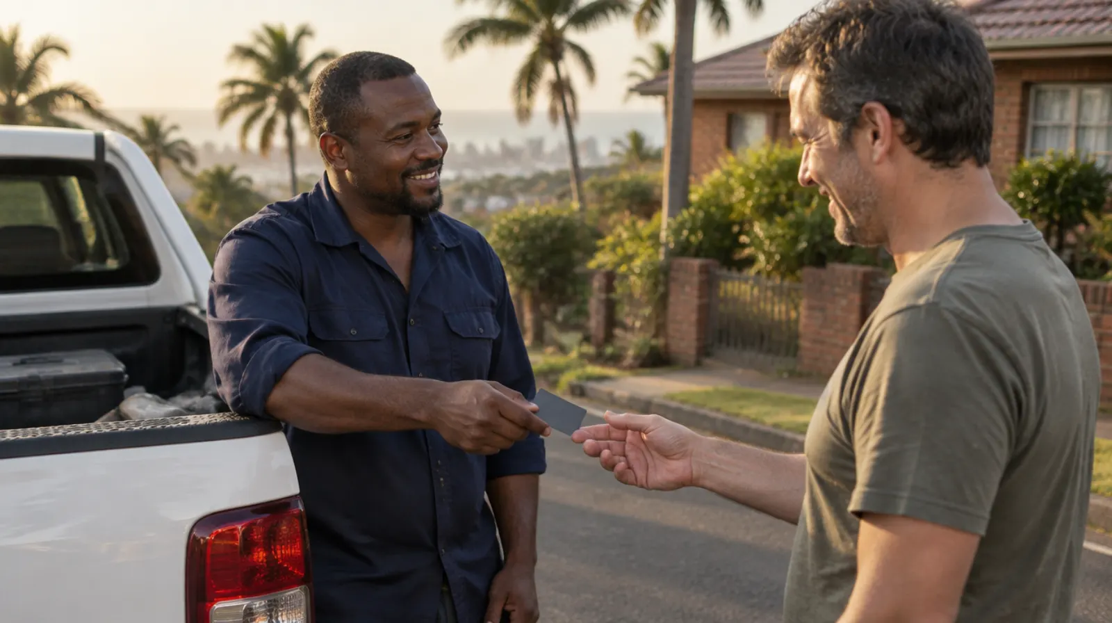 A contractor at his bakkie on a Durban street handing a business card to a homeowner