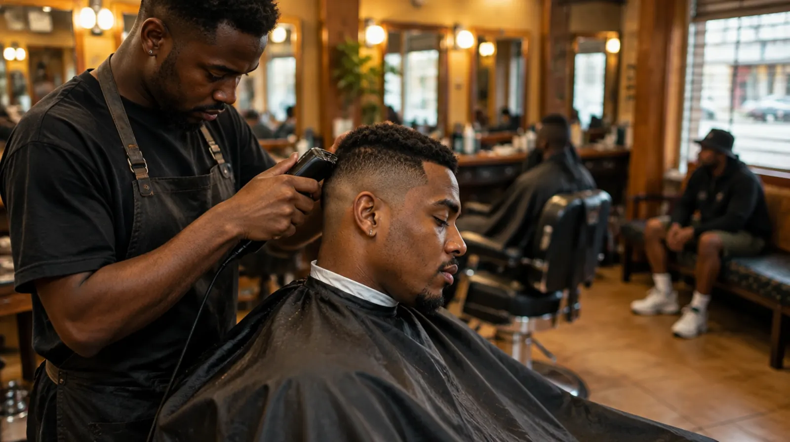 A barber finishing a fade on a client in a Durban barbershop