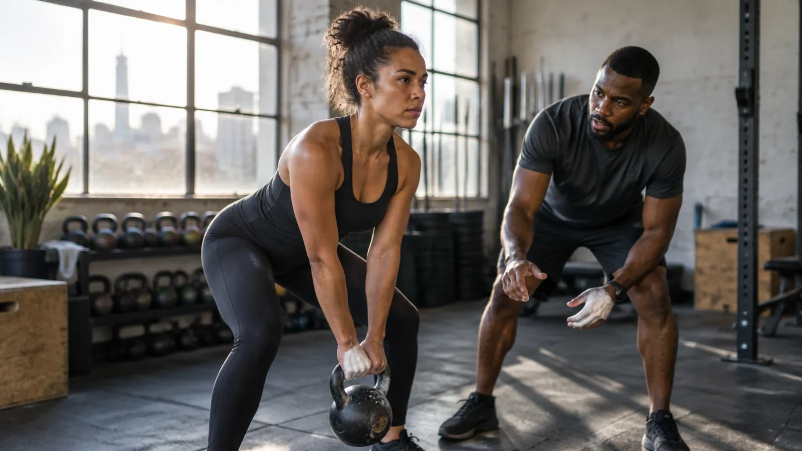 A personal trainer coaching a client through a kettlebell swing in a Johannesburg gym, morning light