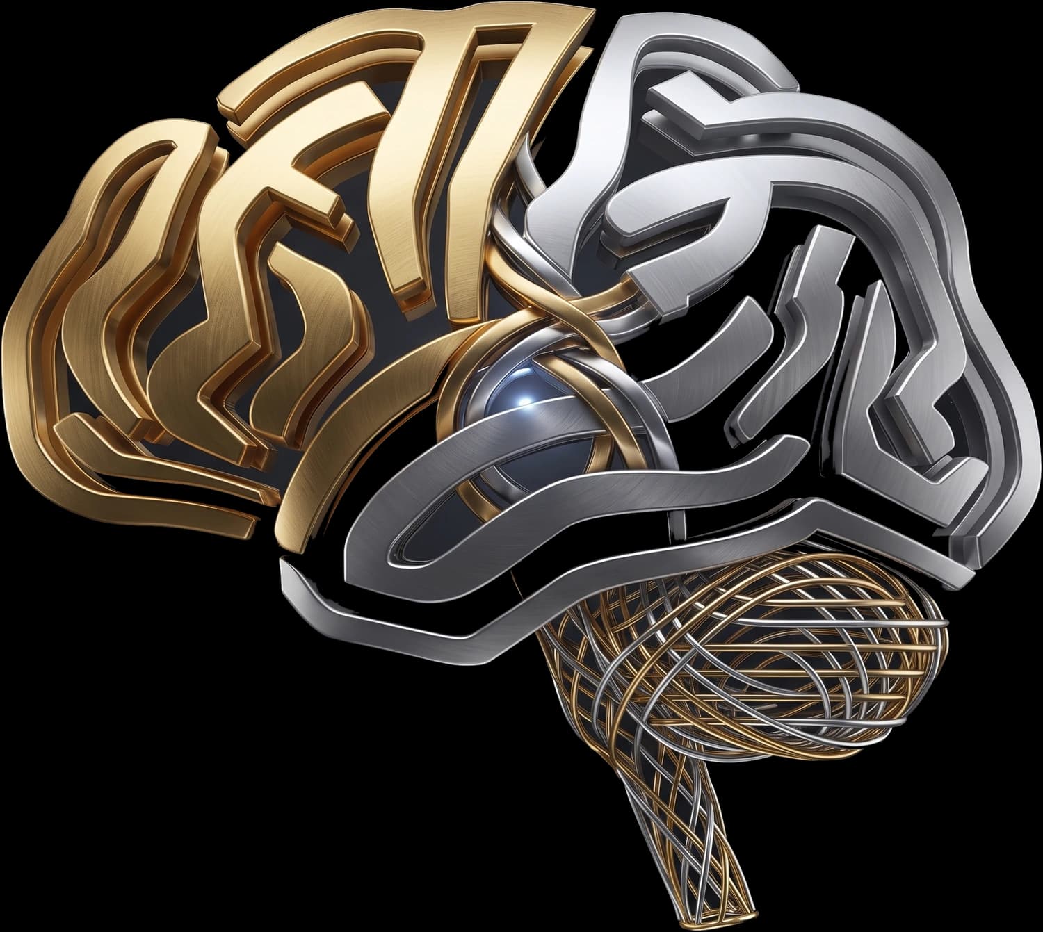 Newbi's gold and silver split-brain mark, glowing at the center of a dark stage